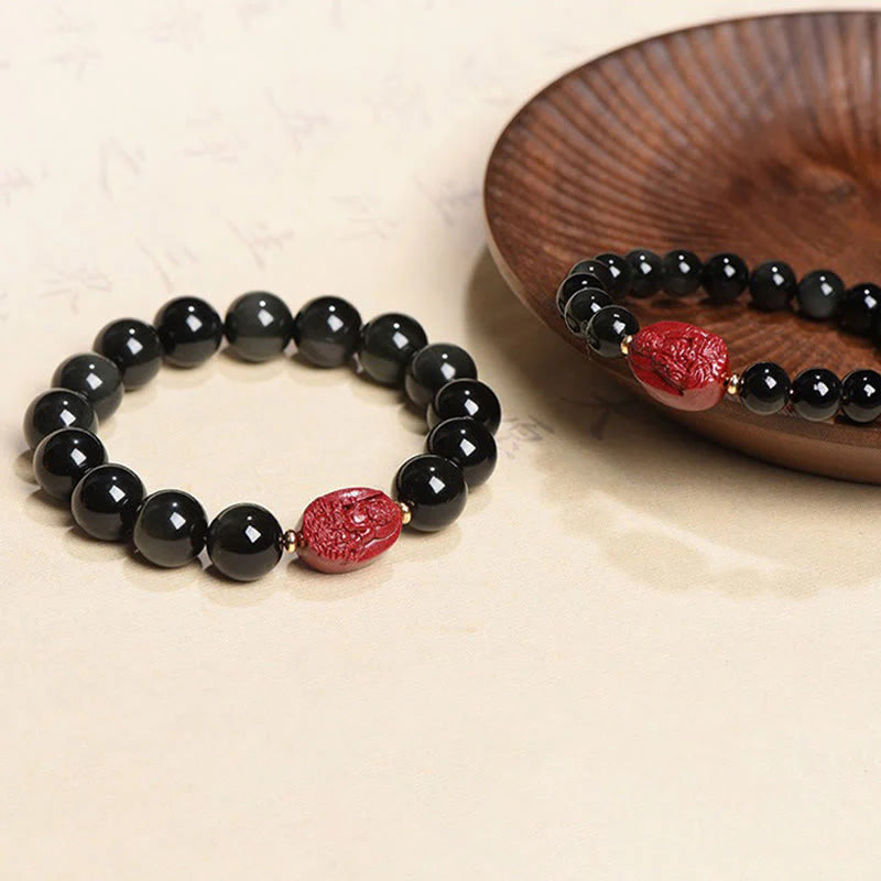 Buddha Stones Chinese Zodiac Natal Buddha Natural Black Obsidian Cinnabar Purification Bracelet (Extra 35% Off | USE CODE: FS35)