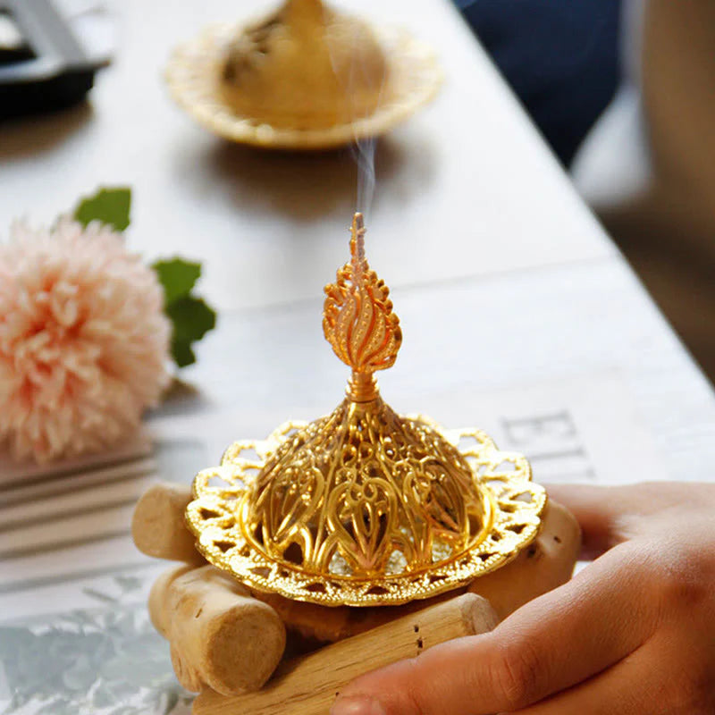 Buddha Stones Gold Alloy Healing Mini Incense Burner With Wooden Coaster Home Decor