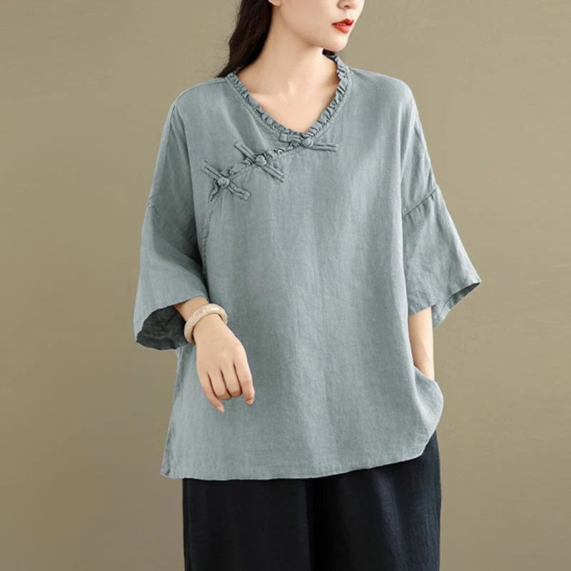 Buddha Stones Spring V-Neck Frog-Button Long Sleeve Plain Women's Cotton Shirt