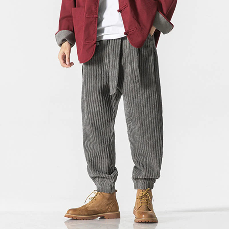 Buddha Stones Winter Solid Color Men's Ankle-Length Corduroy Pants With Pockets