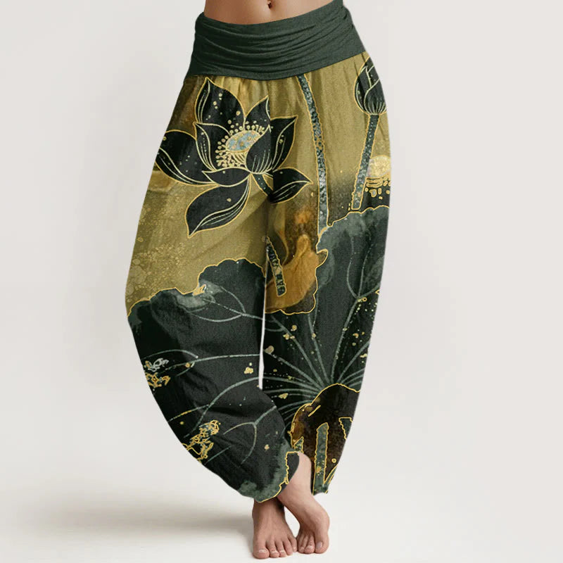 Buddha Stones Cotton Casual Lotus Petal Pattern Women's Elastic Waist Harem Pants