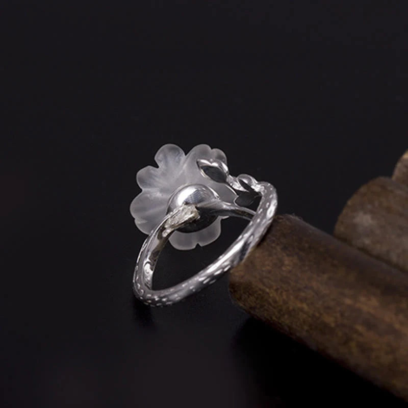 Buddha Stones Natural White Crystal Flower 925 Sterling Silver Adjustable Healing Ring