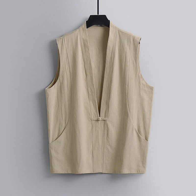 Buddha Stones Summer Solid Color V-Neck Frog-Button Sleeveless Men's Cotton Linen Vest