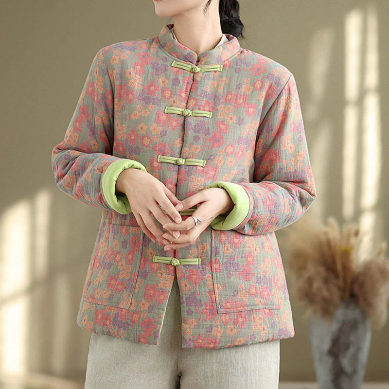 Buddha Stones Women's Winter Thicken Cotton Floral Pattern Long Sleeve Jacket With Pockets