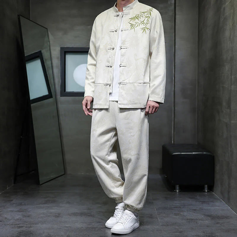 Buddha Stones 2Pcs Spring Dragon Bamboo Clouds Men's Tang Suit Frog-Button Cotton Long Sleeve Jacket Pants Set With Pockets