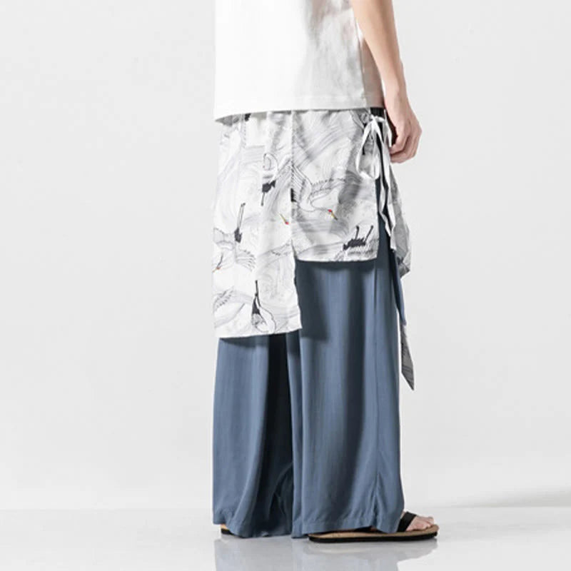 Buddha Stones Summer Flying Crane Design Cotton Men's Wide Leg Pants With Pockets