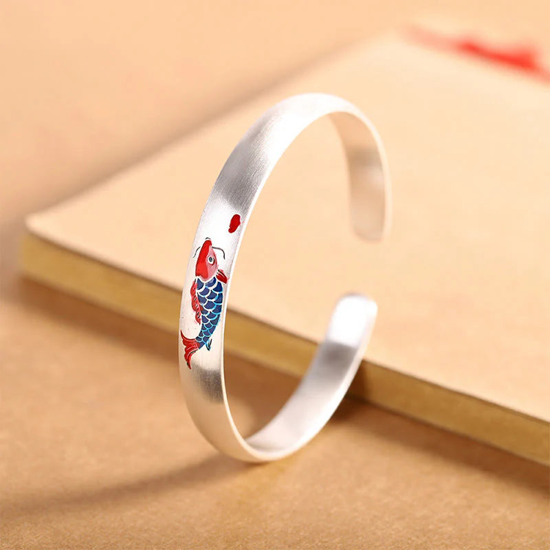 Buddha Stones 999 Sterling Silver Koi Fish Luck Cuff Bracelet Bangle