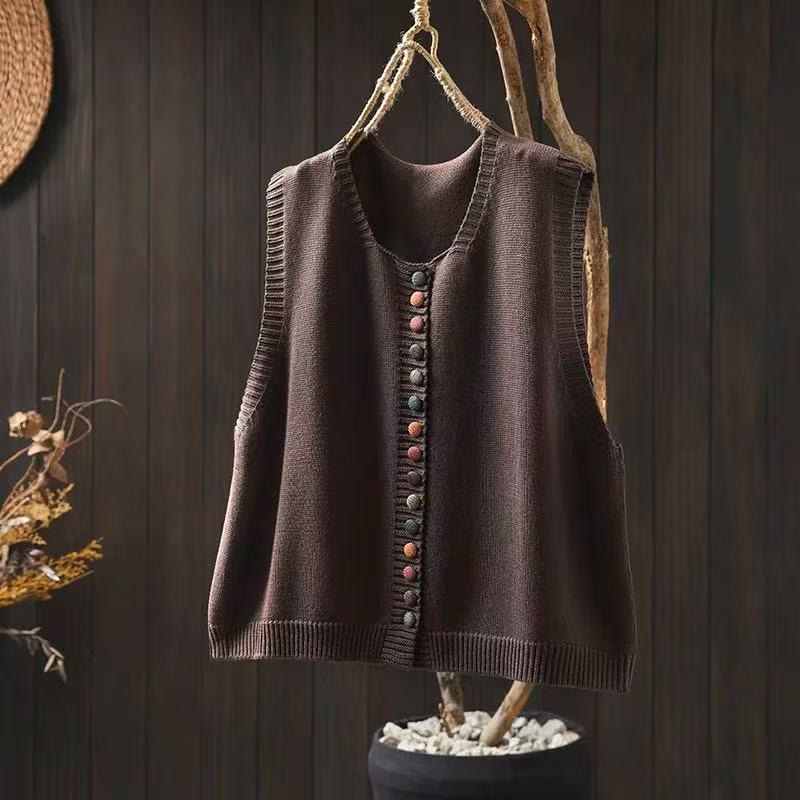 Buddha Stones Colorful Buttons Women's Sleeveless Cotton Knitted Vest Waistcoat