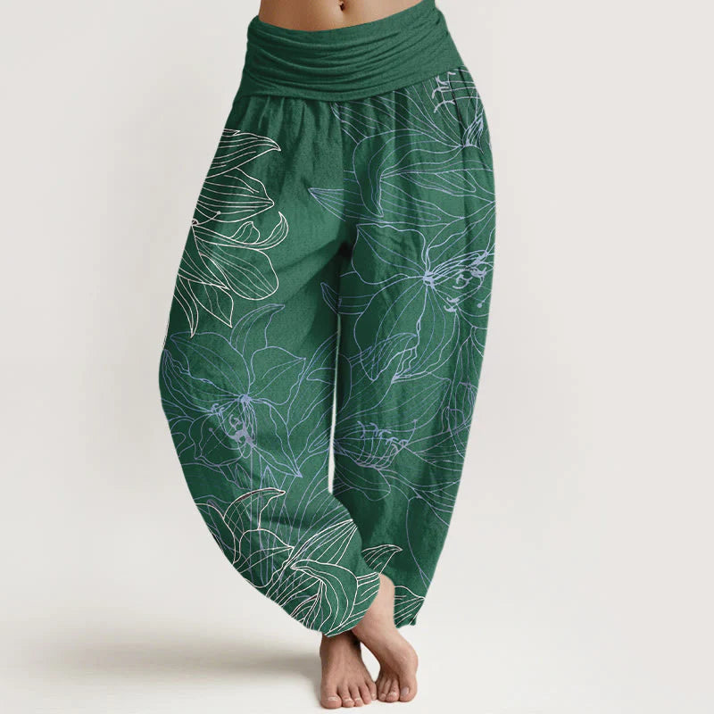 Buddha Stones Pure Cotton Minimalist Style Flower Pattern Women's Elastic Waist Harem Pants