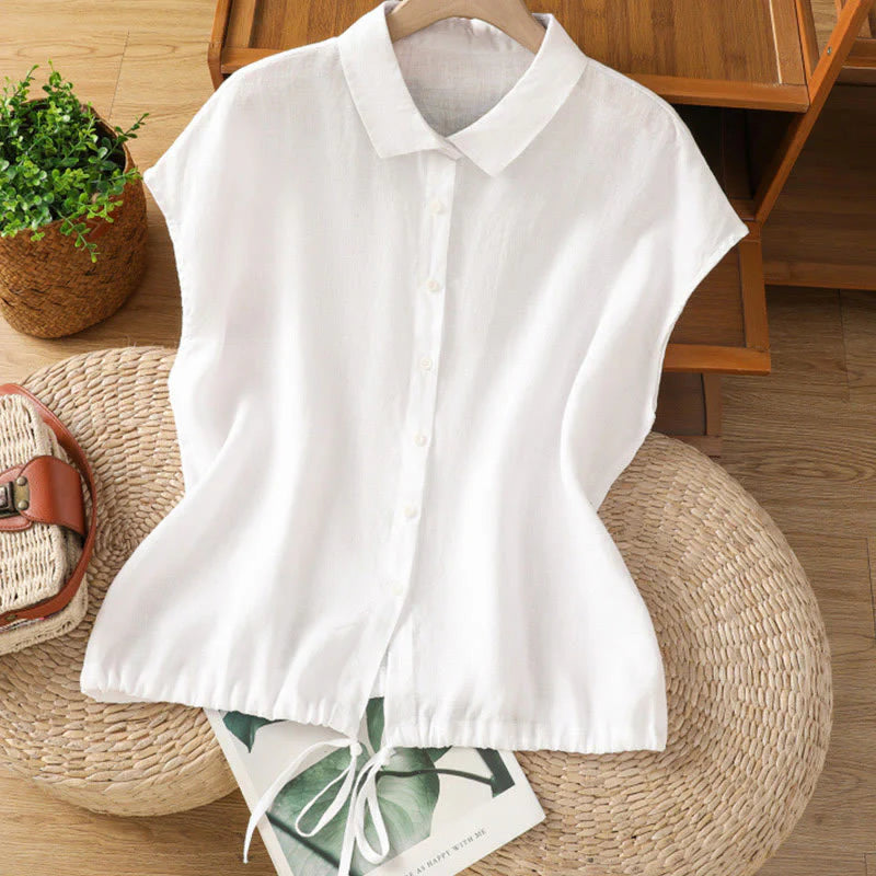 Buddha Stones Summer Plain Color Button Short Sleeve Women's Cotton Shirt