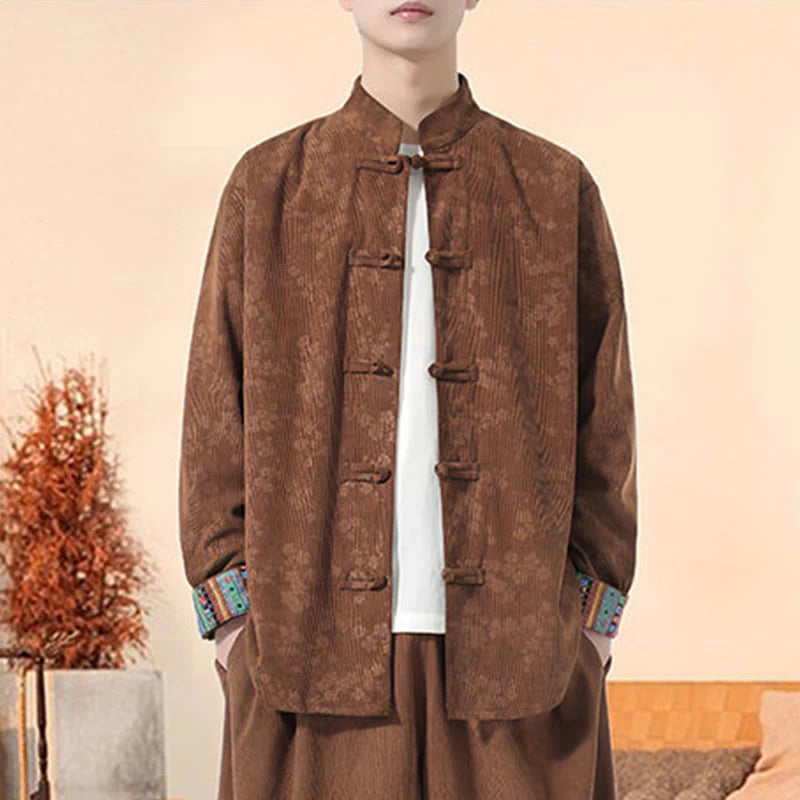 Buddha Stones Plain Plum Blossom Pattern Long Sleeve Men's Cotton Corduroy Tang Suit Jacket