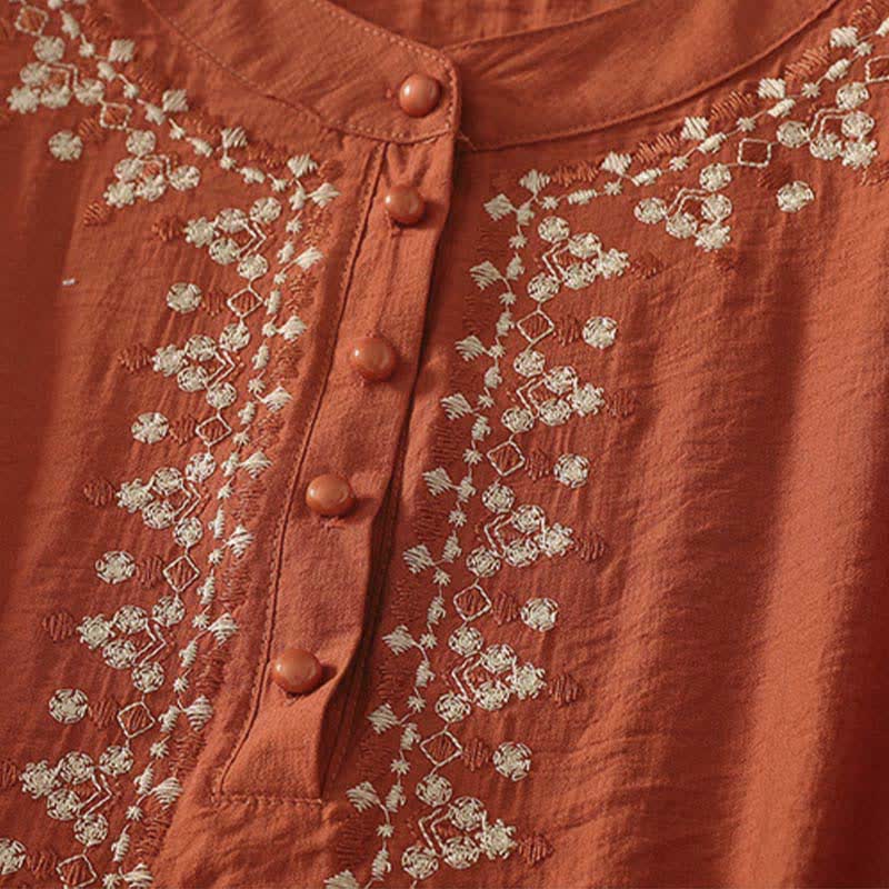 Buddha Stones Spring Embroidered Cotton Half Buttons Women's Short Sleeve Shirt
