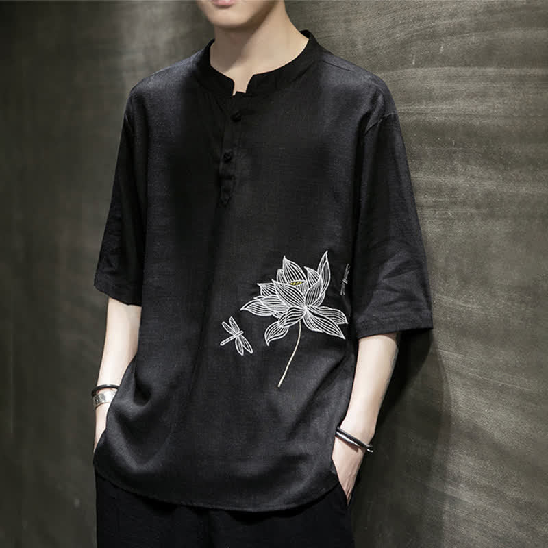 Buddha Stones Summer Embroidered Lotus Dragonfly Pattern Chinese Frog-Button Men's Short Sleeve T-shirt