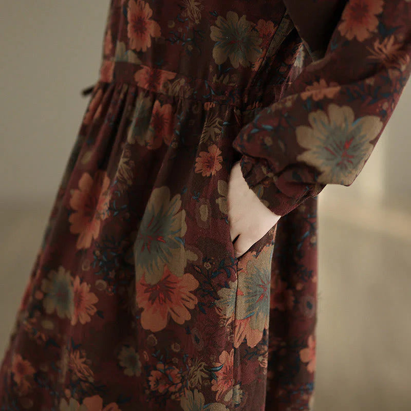 Buddha Stones Flower Pattern Long Sleeve Cotton Midi Dress With Pockets
