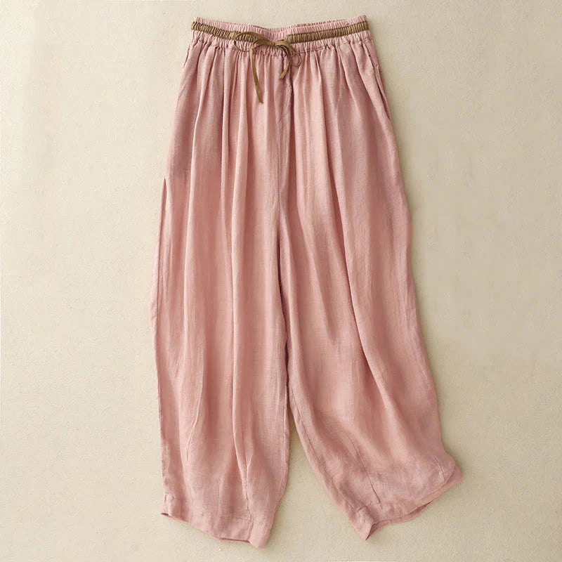 Buddha Stones Vintage Summer Casual Color Matching Drawstring Women's Cotton Linen Harem Pants With Pockets