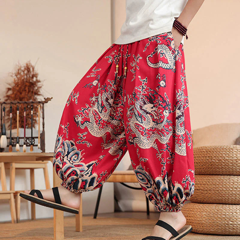 Buddha Stones Dragon Print Cotton Men's Harem Ankle-Length Pants With Pockets