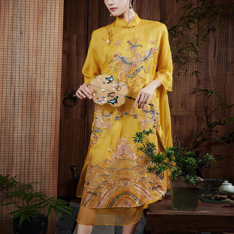 Buddha Stones 100% Mulberry Silk Organza Dress Embroidered Yellow Phoenix Qipao Cheongsam Dress  (Extra 30% Off | USE CODE: FS30)