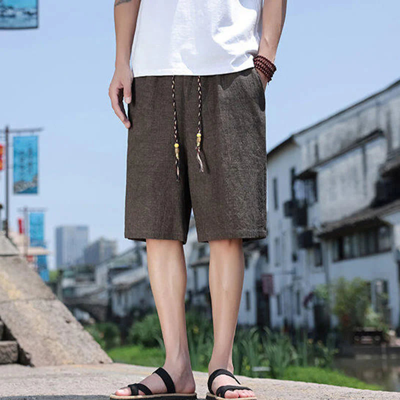 Buddha Stones Weaving Waist Rope Beads Cropped Linen Men's Shorts With Pockets