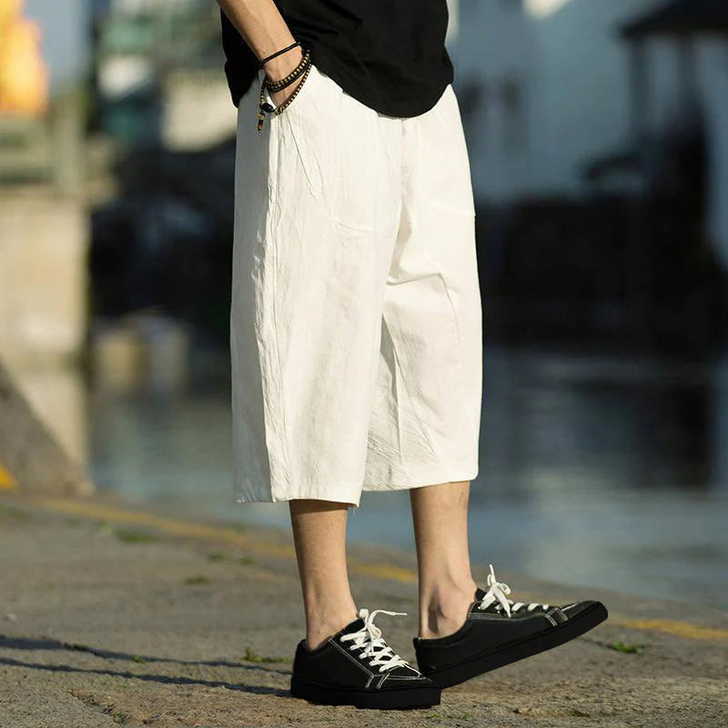 Buddha Stones Summer Plain Pleat Design Drawstring Men's 7-8 Length Cotton Linen Pants With Pockets
