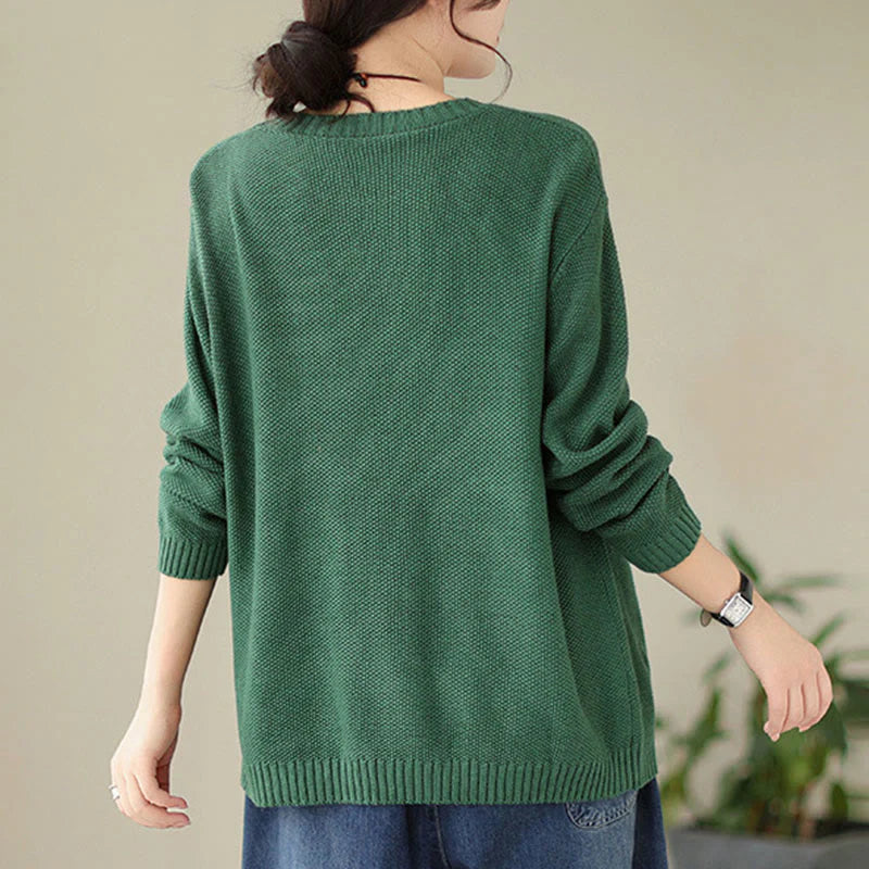 Buddha Stones Fall Floral Decorative Pocket Pattern Knitted Cotton Women's Long Sleeve Sweater