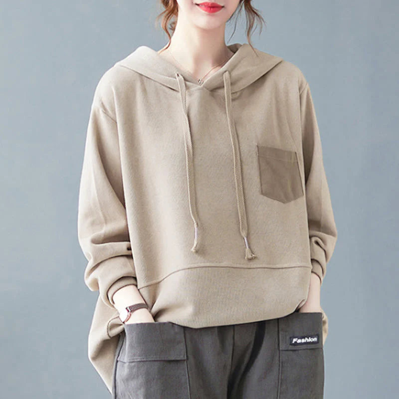 Buddha Stones Fall Solid Color Decorative Pocket Cotton Long Sleeve Women's Hoodie