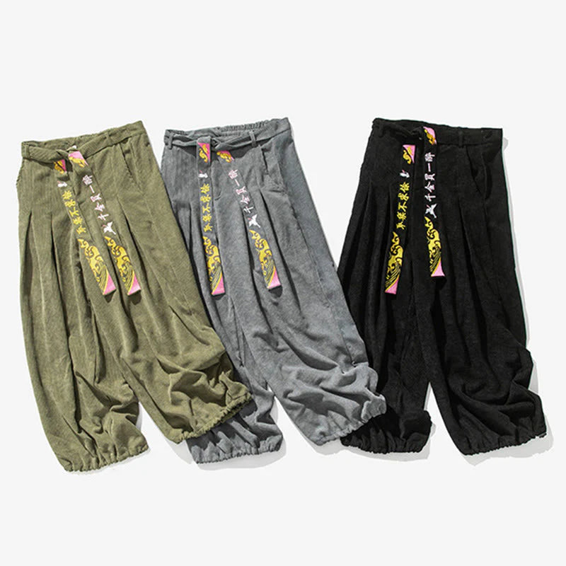 Buddha Stones Fall Winter Lace-up Chinese Character Embroidery Men's Corduroy Pants With Pockets