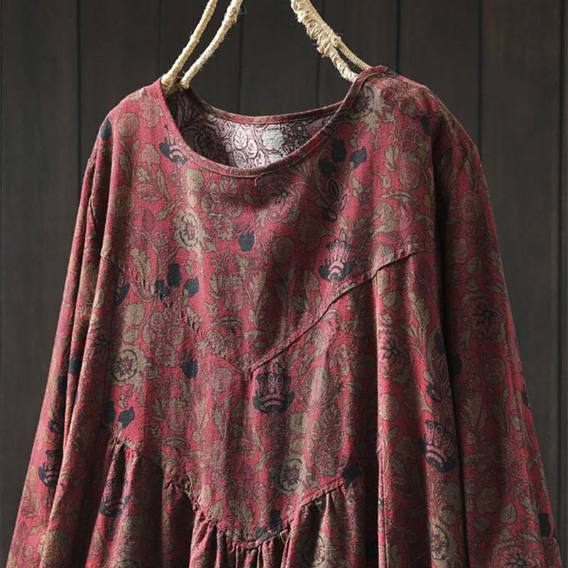 Buddha Stones Retro Floral Pattern A-line Design Long Sleeve Women's Cotton Maxi Dress