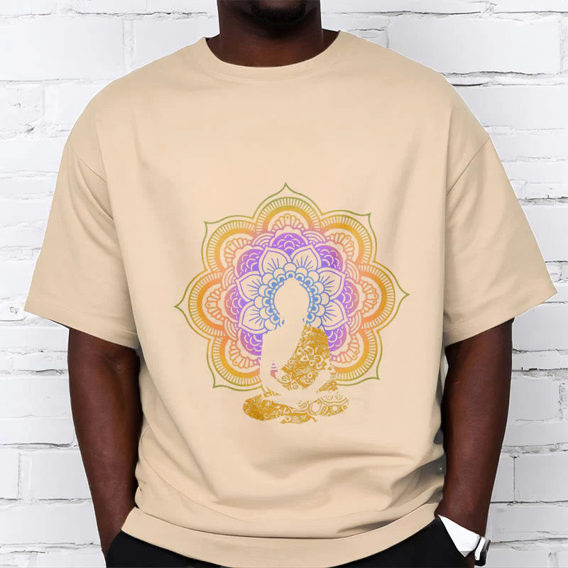 Buddha Stones Multicolor Mandala Flower Seated Buddha Pattern Tee T-shirt