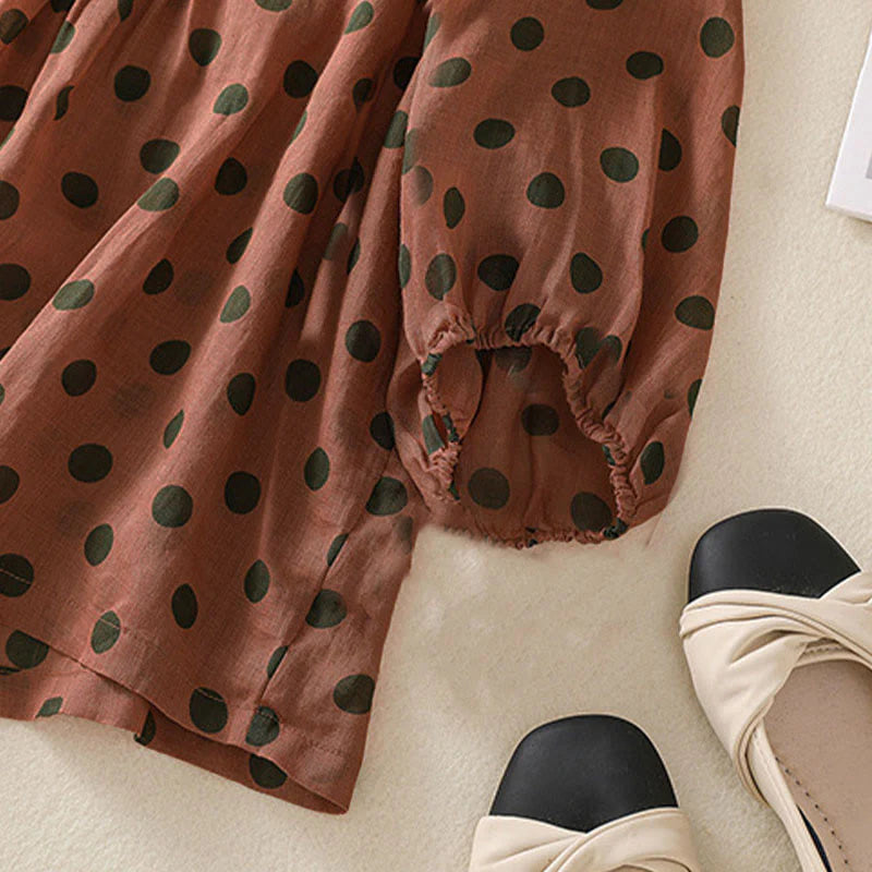 Buddha Stones Fall Round Neck Polka Dots Long Sleeve Women's Polyester Shirt