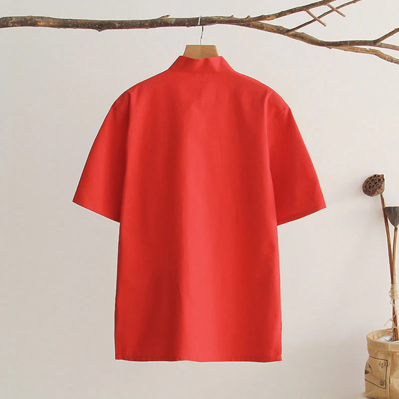 Buddha Stones Chinese Frog-Button Tang Suit Men's Short Sleeve Cotton Shirt With Pockets