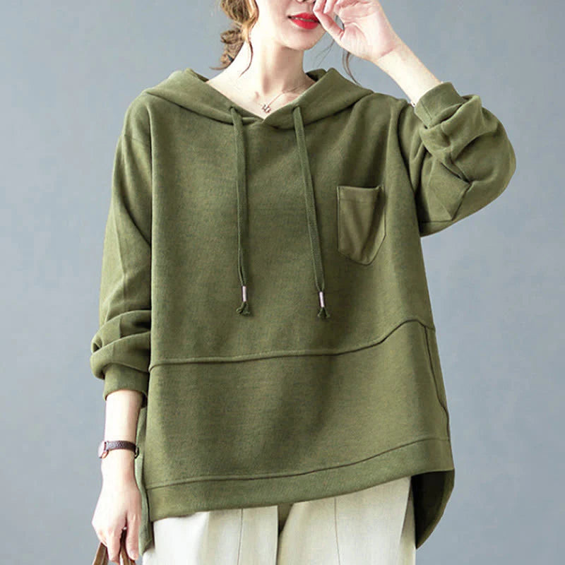 Buddha Stones Fall Solid Color Decorative Pocket Cotton Long Sleeve Women's Hoodie
