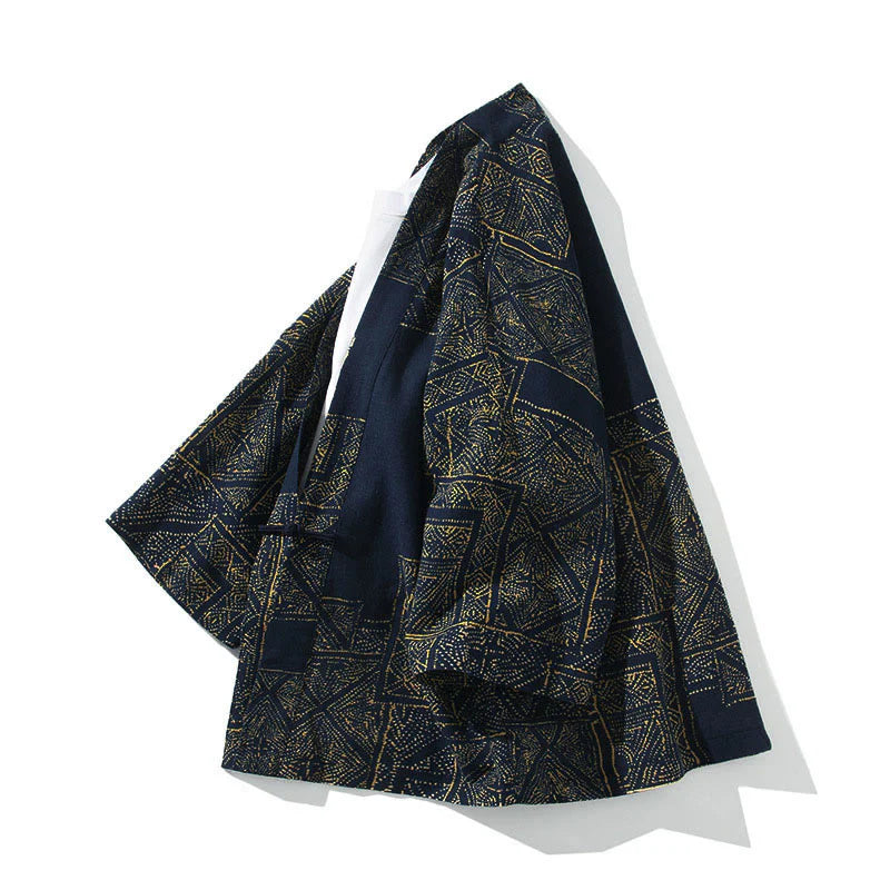Buddha Stones Geometry Floral Stripes Butterfly Ink Open Front Half Sleeve Jacket Cotton Men's Kimono