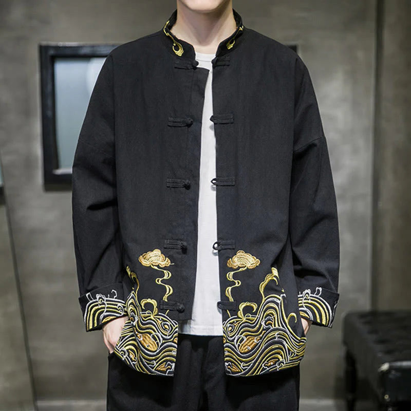 Buddha Stones Embroidered Clouds Frog-Button Long Sleeve Men's Cotton Tang Suit Jacket