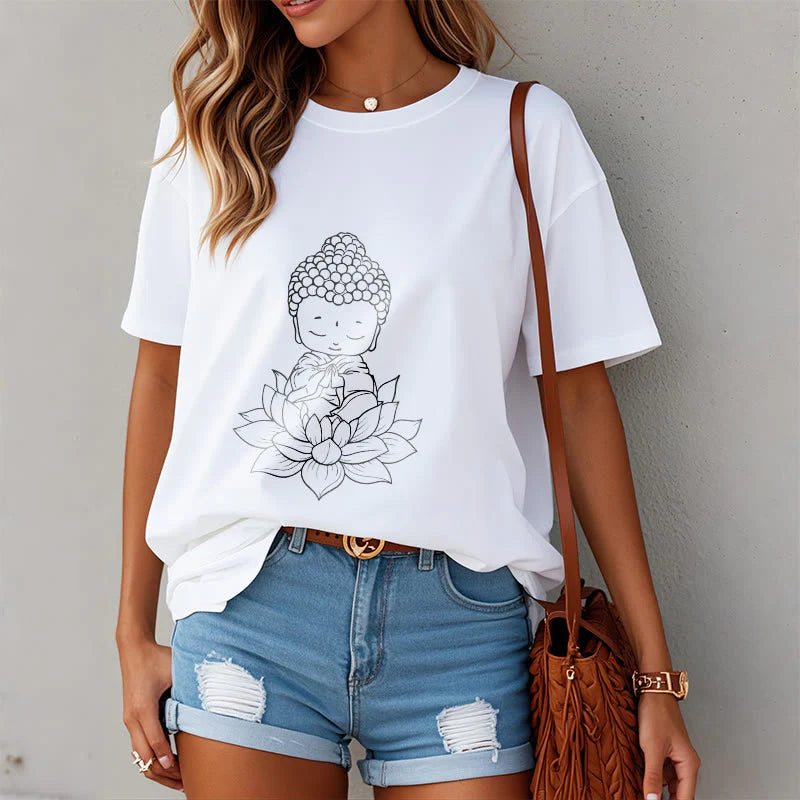 Buddha Stones Peaceful Buddha Lotus Flower Pattern Tee T-shirt