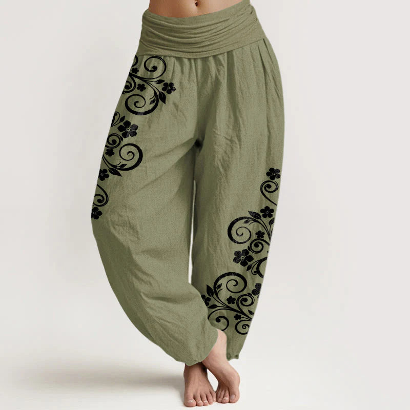 Buddha Stones Pure Cotton Elegant Vine Flower Pattern Women's Elastic Waist Harem Pants