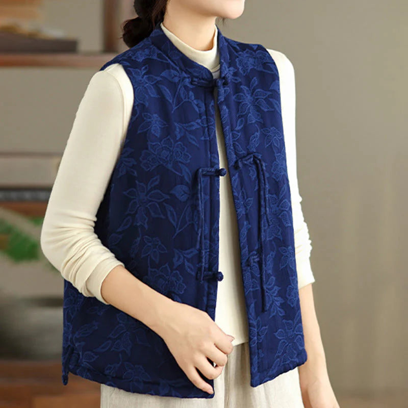Buddha Stones Jacquard Pattern Frog-button Women's Sleeveless Cotton Vest Waistcoat With Pockets