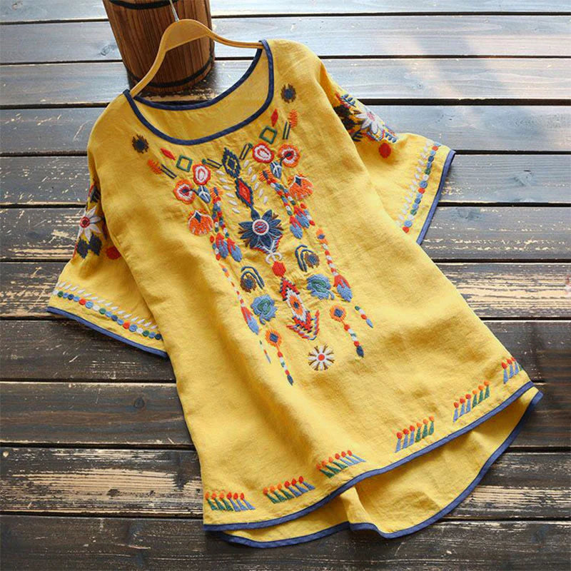 Buddha Stones Retro Artistic Embroidery Floral Pattern Crew Neck Women's Cotton Linen Short Sleeve T-Shirt
