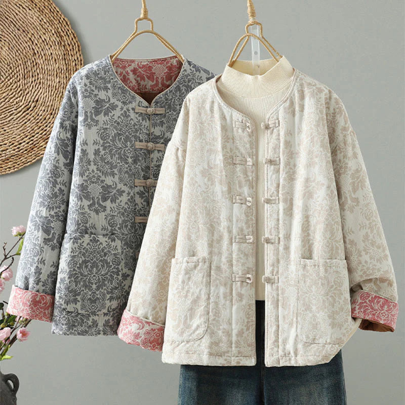 Buddha Stones Women's Peony Flowers Frog-Button Design Long Sleeve Thermal Jacket With Pockets