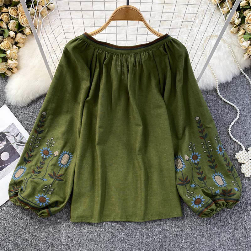 Buddha Stones Casual Embroidery Flower Leaf Pattern Women's Cotton Linen Round Neck T-shirt