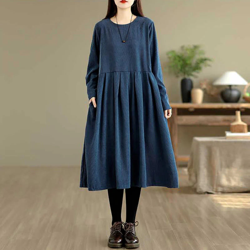 Buddha Stones Fall Plain DarkBlue Long Sleeve Corduroy Midi Dress With Pockets