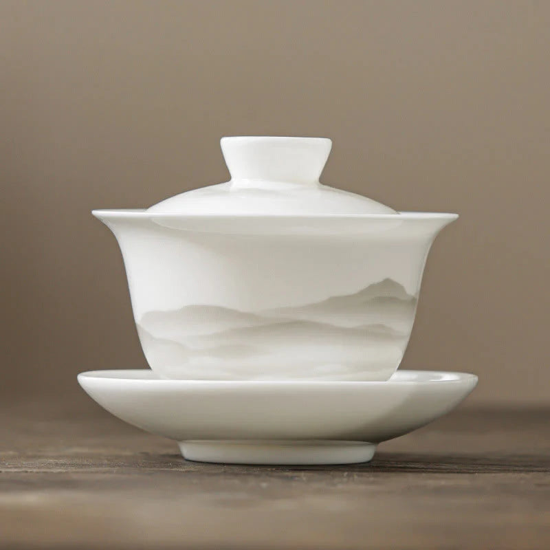 Buddha Stones Vintage Ink Painting Mountain White Porcelain Ceramic Gaiwan Sancai Teacup Kung Fu Tea Cup And Saucer With Lid Tea Utensil Teapot