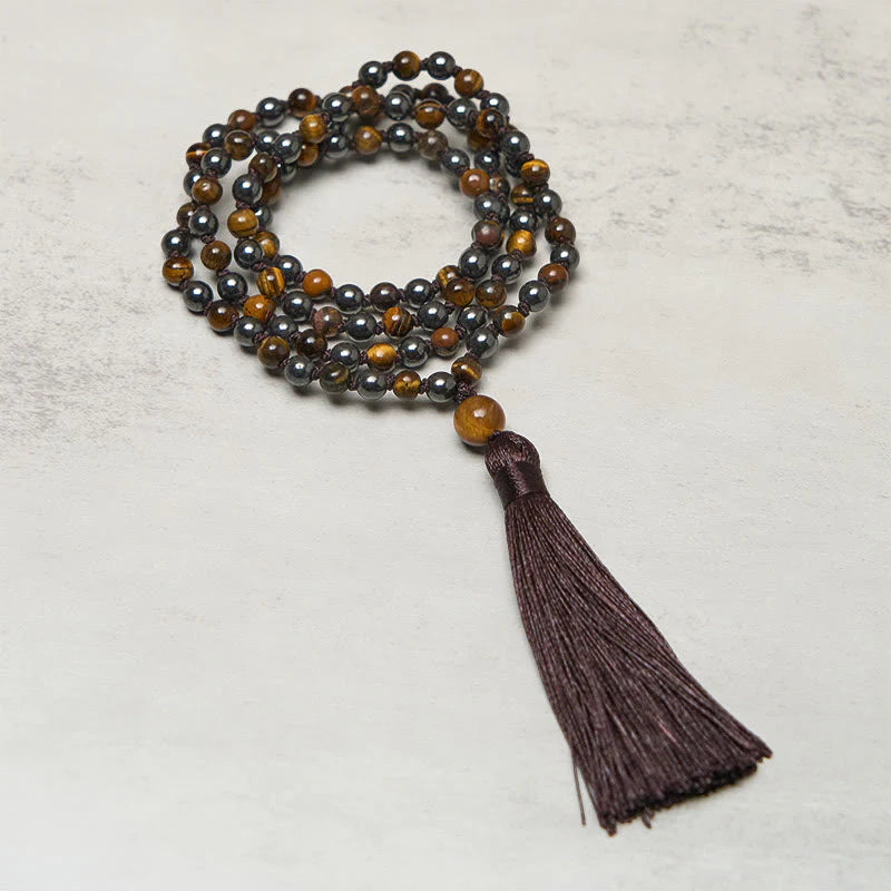 Buddha Stones 108 Beads Tiger Eye Hematite Tassel Courage Strength Mala