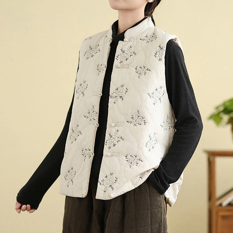 Buddha Stones Embroidered Frog-Button Women's Sleeveless Cotton Vest Waistcoat With Pockets