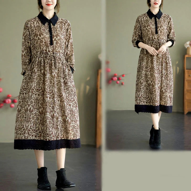 Buddha Stones Ethnic Printed Drawstring Long Sleeve Cotton Midi Dress With Pockets