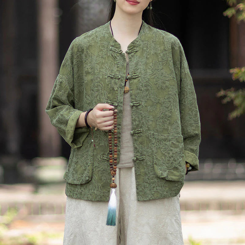 Buddha Stones Fall Jacquard Women's Frog-Button Long Sleeve Shirt Pants Cotton Linen Clothing