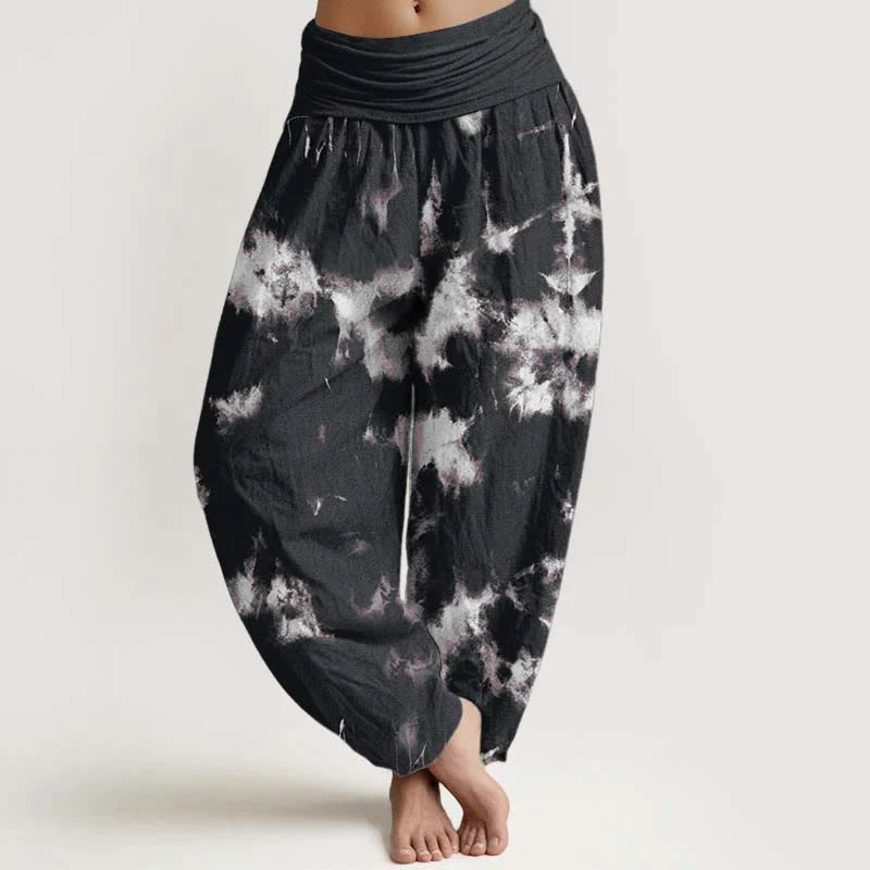 Buddha Stones Pure Cotton White Lines Spots Tie-Dye Pattern Women's Elastic Waist Harem Pants