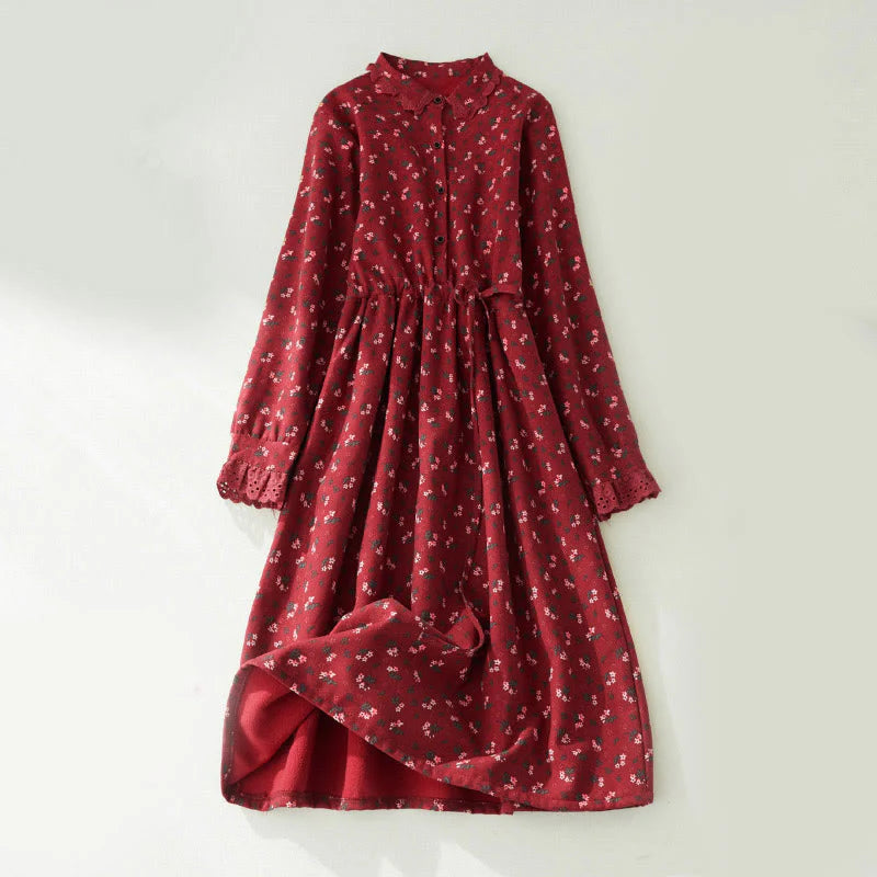Buddha Stones Floral Pattern Lace Patchwork Design Long Sleeve Corduroy Midi Dress With Pockets