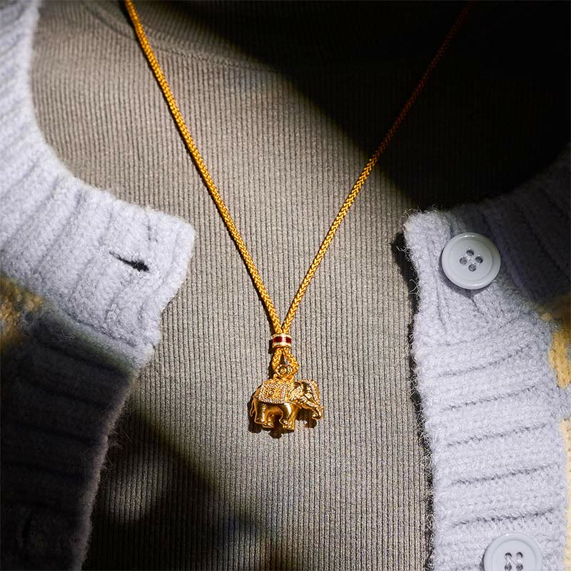 Buddha Stones 24k Gold Plated Brass Elephant Charm Strength Rope Necklace Pendant