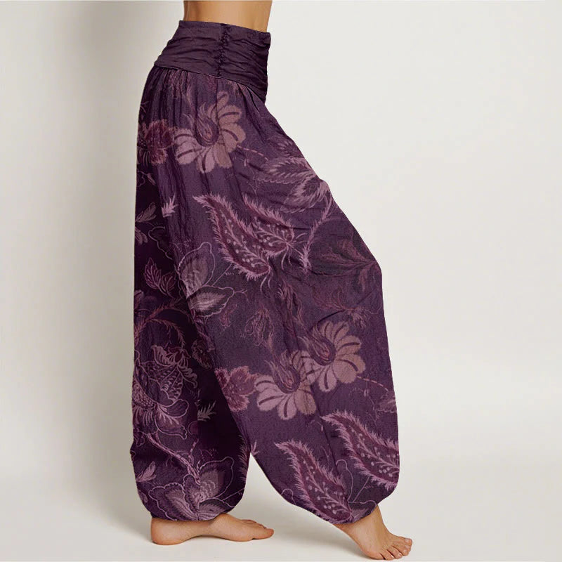 Buddha Stones Cotton Casual Floral Leaves Women's Elastic Waist Harem Pants