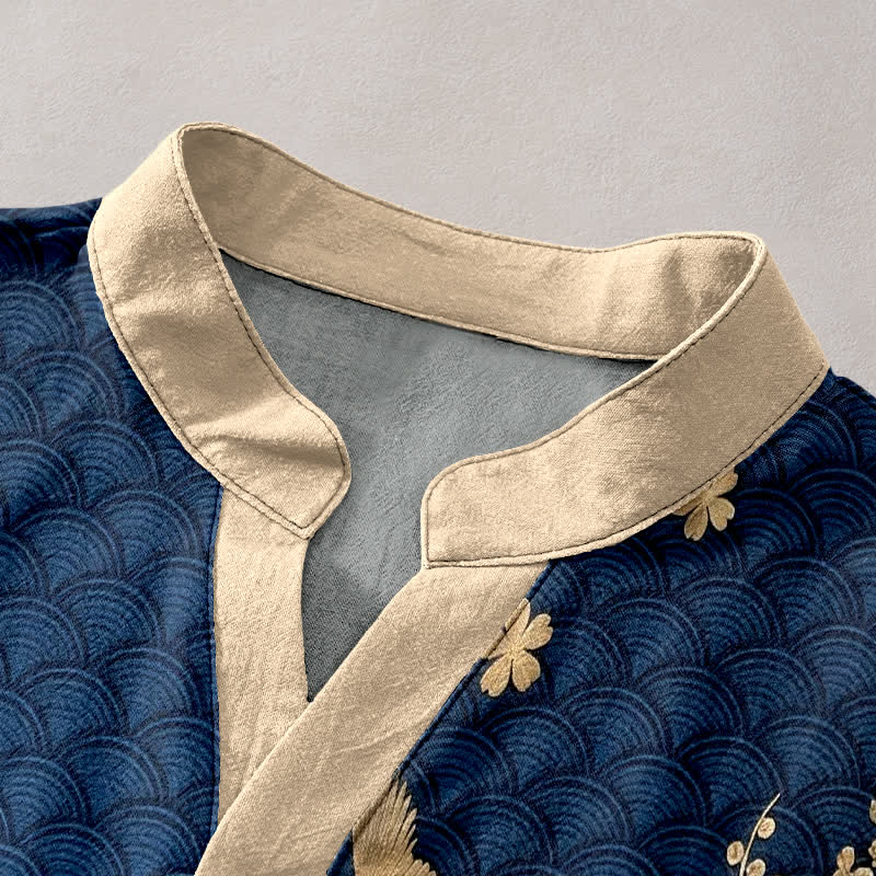 Buddha Stones Cotton Plum Blossom Full Moon Crane Emblem Men's Short Sleeve Half Button Shirt